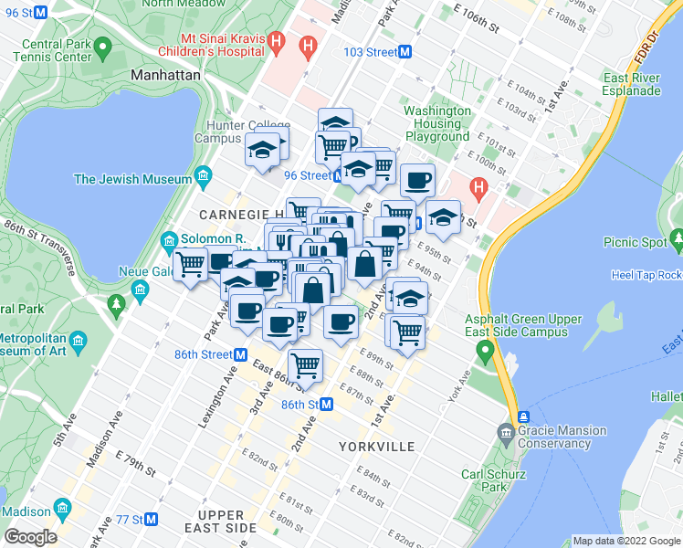 map of restaurants, bars, coffee shops, grocery stores, and more near in New York