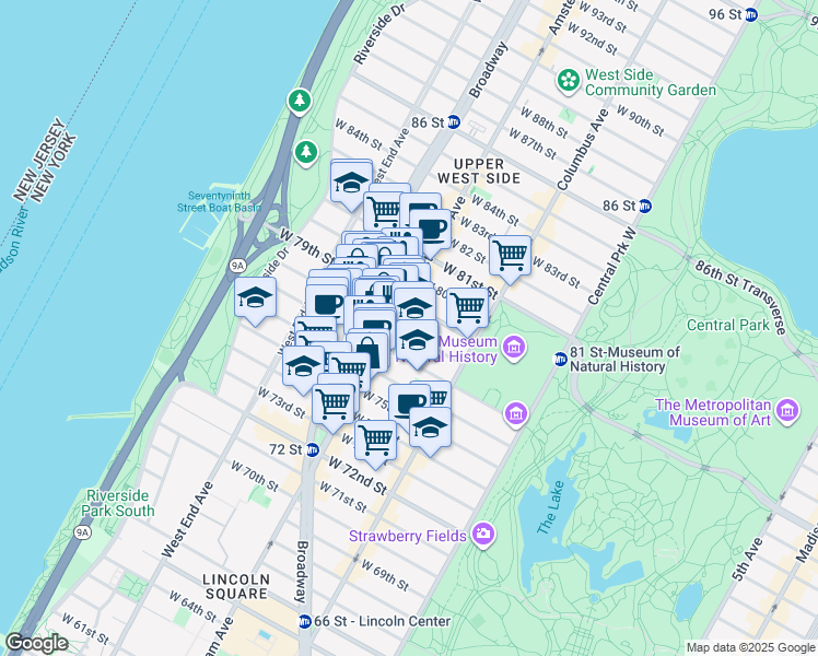 map of restaurants, bars, coffee shops, grocery stores, and more near 163 West 78th Street in New York