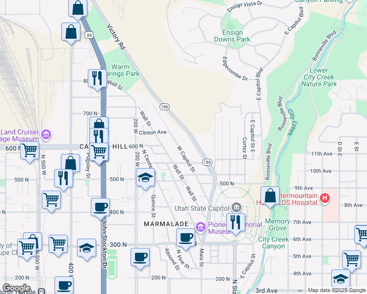 map of restaurants, bars, coffee shops, grocery stores, and more near 590 West Capitol Street in Salt Lake City