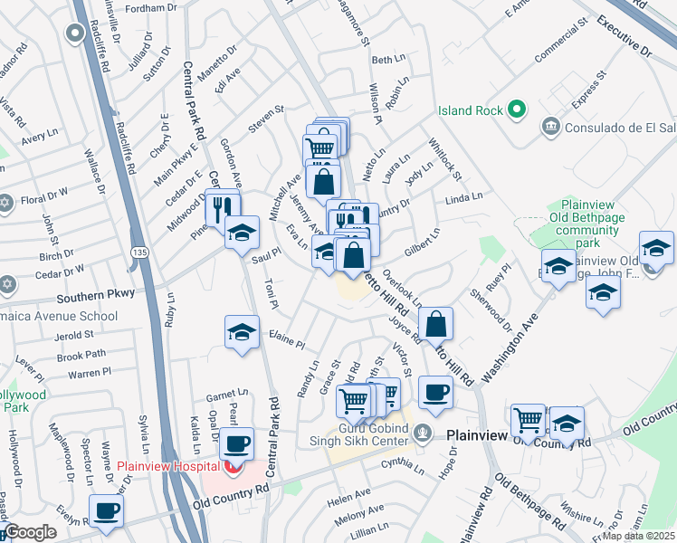 map of restaurants, bars, coffee shops, grocery stores, and more near 25 Country Drive in Plainview
