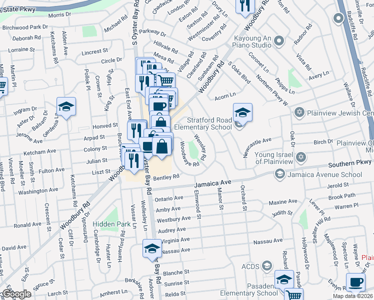 map of restaurants, bars, coffee shops, grocery stores, and more near 17 Woodwaye Road in Plainview