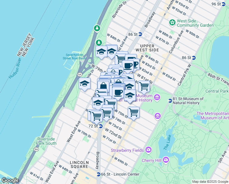 map of restaurants, bars, coffee shops, grocery stores, and more near 342 Amsterdam Avenue in New York