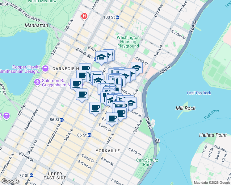 map of restaurants, bars, coffee shops, grocery stores, and more near 1802 2nd Avenue in New York