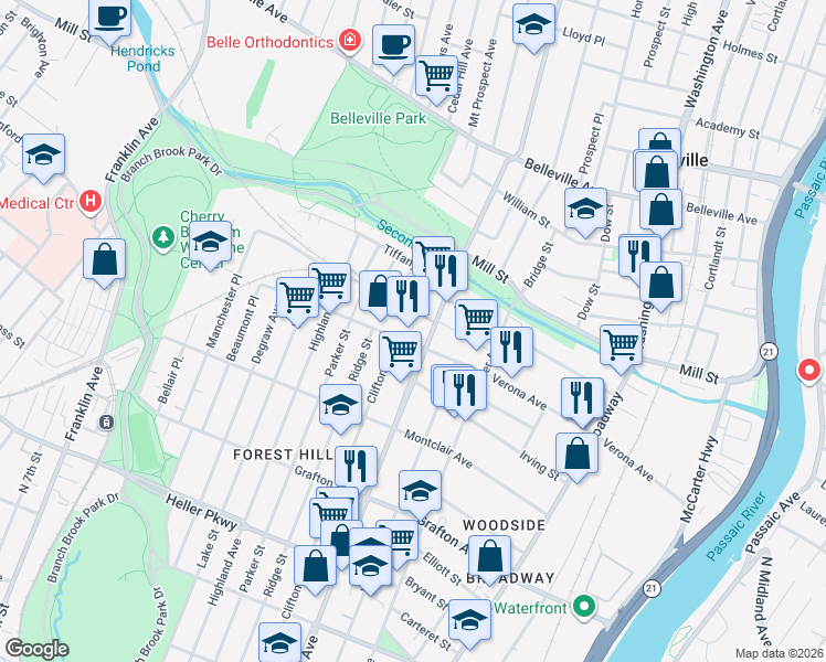 map of restaurants, bars, coffee shops, grocery stores, and more near 223 Verona Avenue in Newark