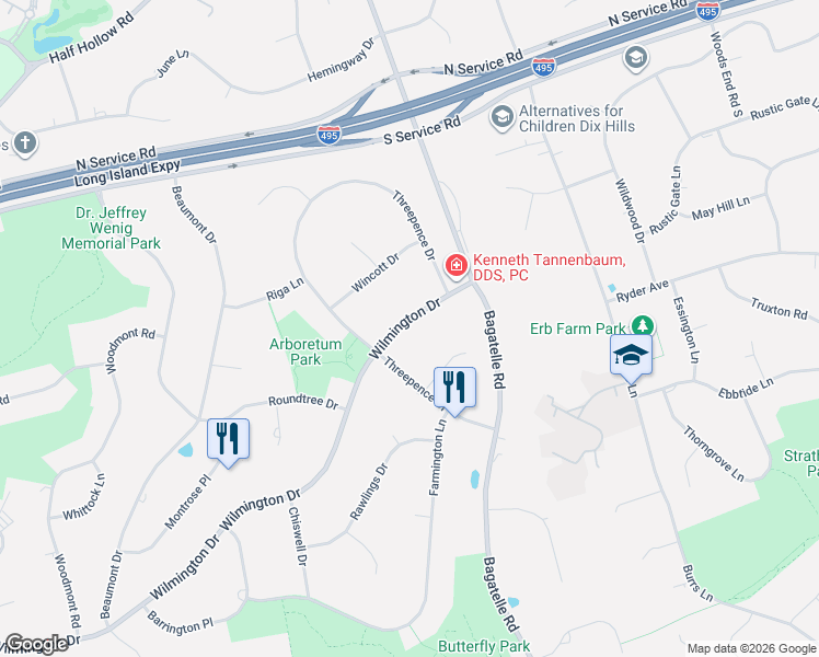 map of restaurants, bars, coffee shops, grocery stores, and more near 14 Wilmington Drive in Melville