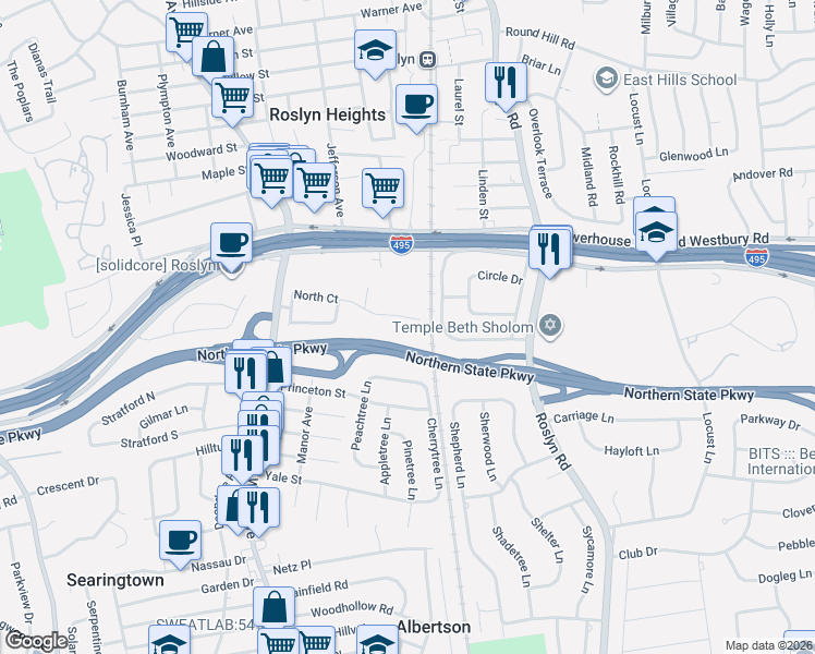 map of restaurants, bars, coffee shops, grocery stores, and more near 142 North Court in Roslyn Heights