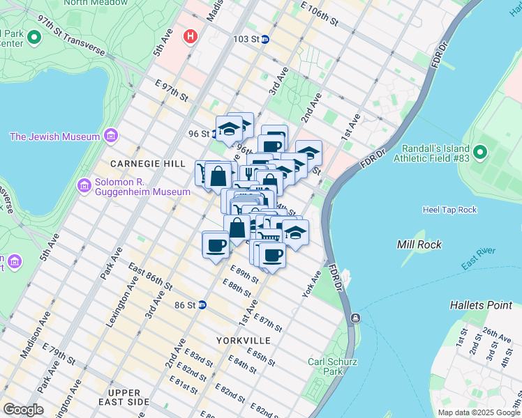 map of restaurants, bars, coffee shops, grocery stores, and more near 1802 2nd Avenue in New York
