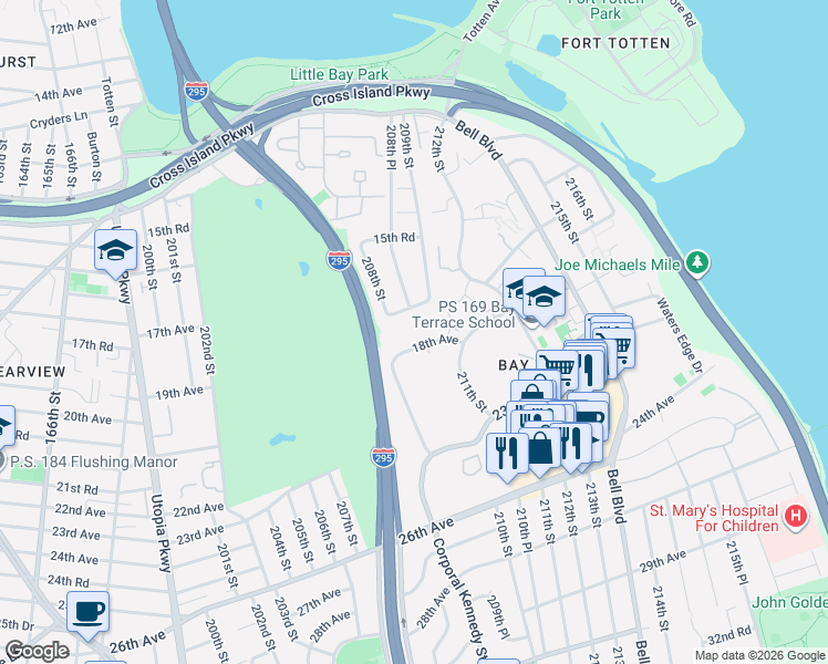 map of restaurants, bars, coffee shops, grocery stores, and more near 209-25 18th Avenue in Queens