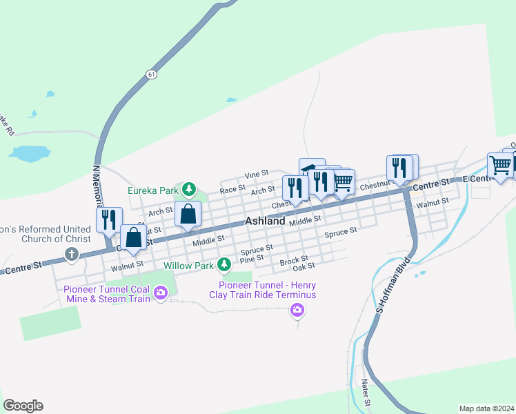 map of restaurants, bars, coffee shops, grocery stores, and more near 16 North 12th Street in Ashland