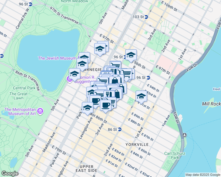map of restaurants, bars, coffee shops, grocery stores, and more near 150 East 91st Street in New York