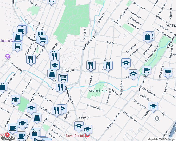 map of restaurants, bars, coffee shops, grocery stores, and more near 412 Dodd Street in East Orange