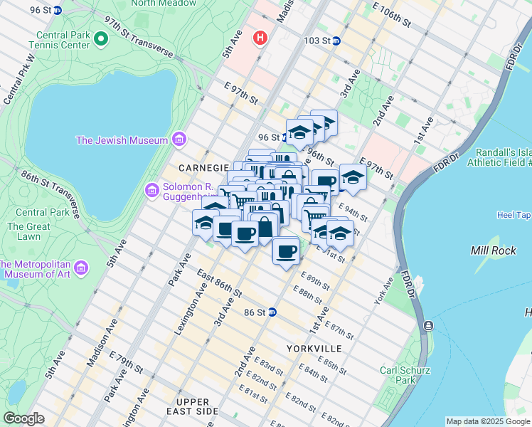 map of restaurants, bars, coffee shops, grocery stores, and more near 169 East 91st Street in New York