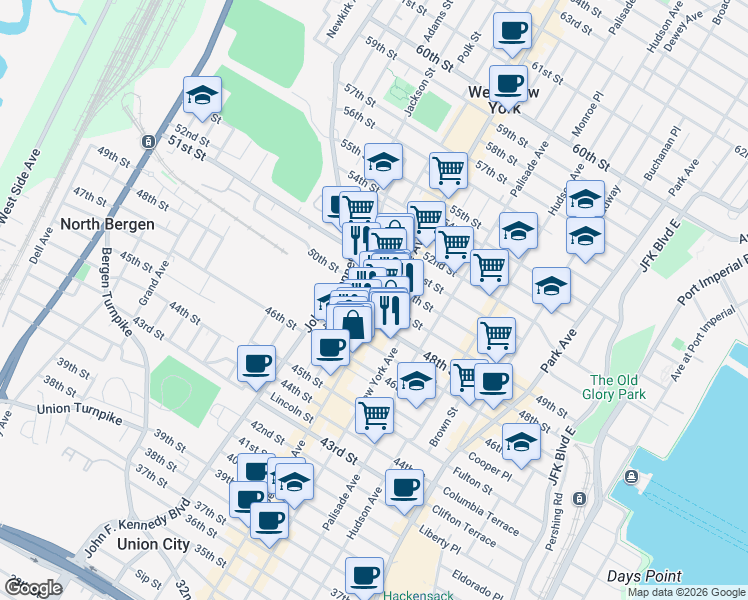 map of restaurants, bars, coffee shops, grocery stores, and more near 4901 Bergenline Avenue in West New York