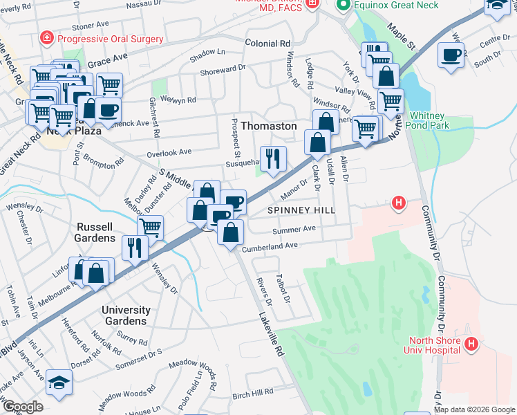 map of restaurants, bars, coffee shops, grocery stores, and more near 95 Manor Drive in Great Neck