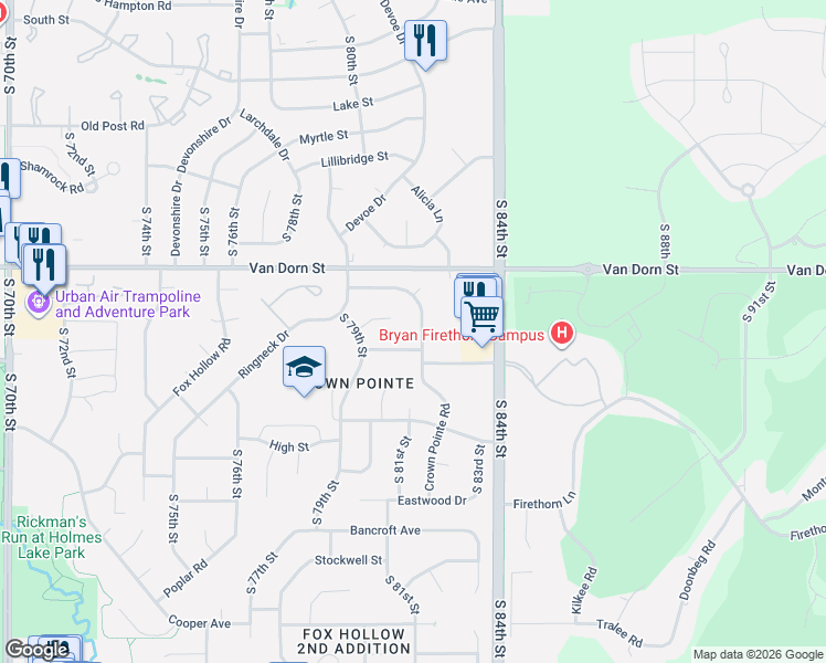 map of restaurants, bars, coffee shops, grocery stores, and more near 2950 Crown Pointe Road in Lincoln