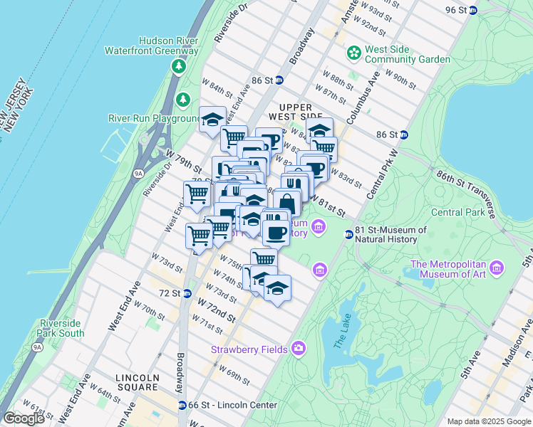 map of restaurants, bars, coffee shops, grocery stores, and more near 142 West 79th Street in New York