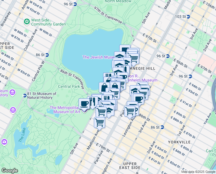 map of restaurants, bars, coffee shops, grocery stores, and more near 1060 Museum Mile in New York