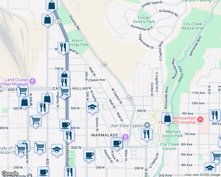 map of restaurants, bars, coffee shops, grocery stores, and more near in Salt Lake City