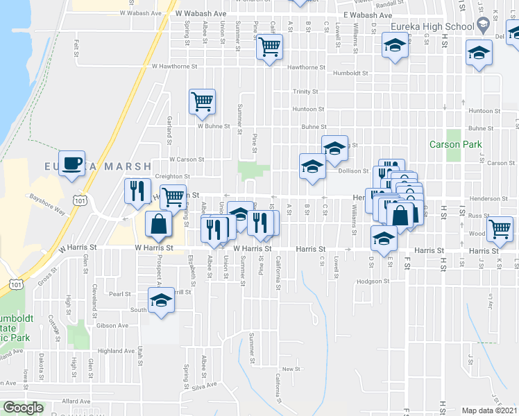 map of restaurants, bars, coffee shops, grocery stores, and more near 2903 Pine Street in Eureka