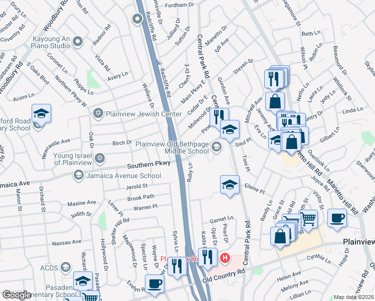 map of restaurants, bars, coffee shops, grocery stores, and more near 54 Southern Parkway in Plainview