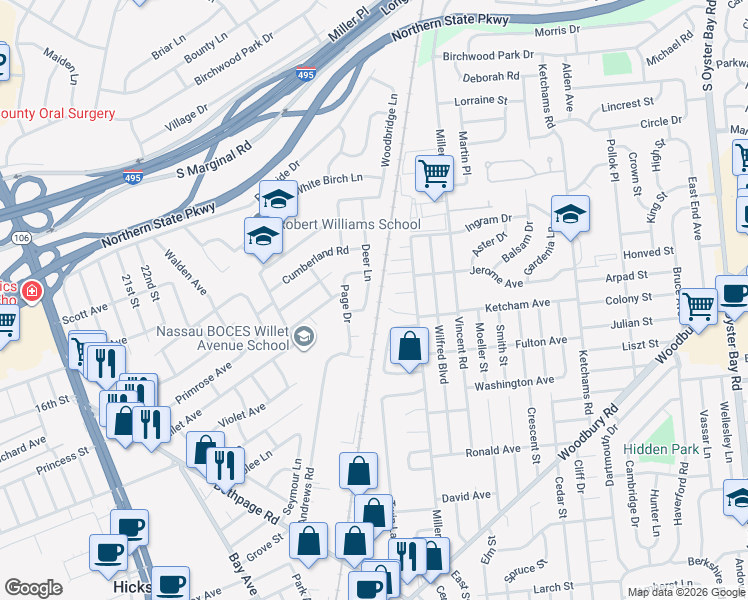 map of restaurants, bars, coffee shops, grocery stores, and more near 57 Deer Lane in Hicksville