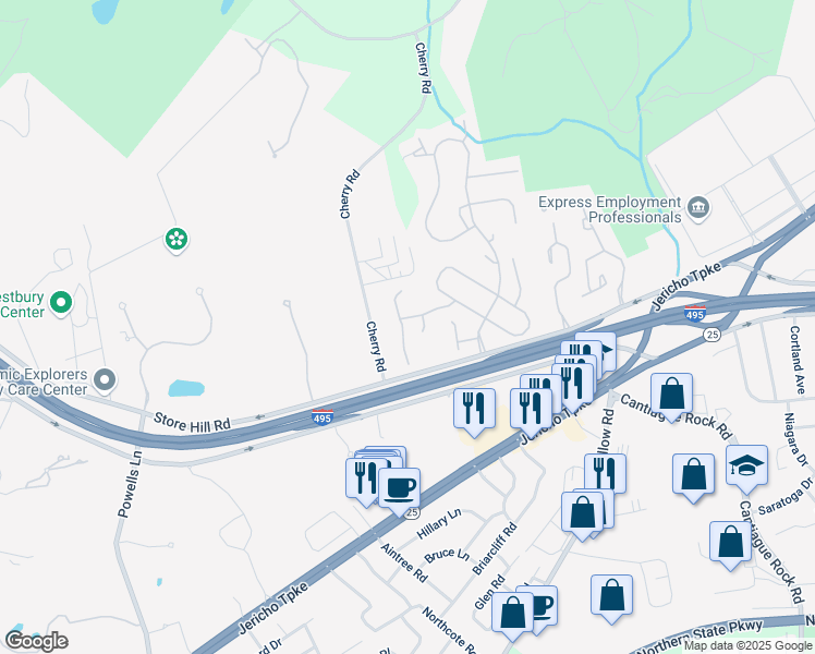 map of restaurants, bars, coffee shops, grocery stores, and more near 39 Carriage Court in Jericho