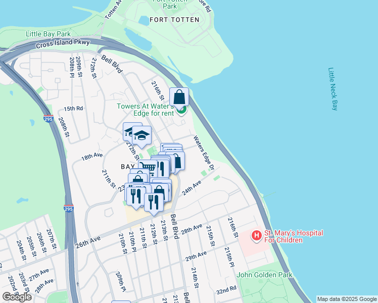 map of restaurants, bars, coffee shops, grocery stores, and more near 215-20 23rd Road in Queens