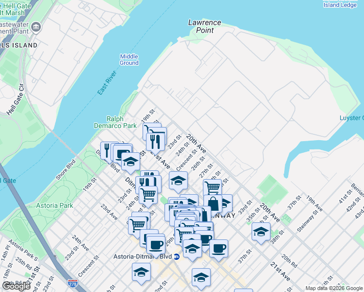 map of restaurants, bars, coffee shops, grocery stores, and more near 20-22 Crescent Street in Queens