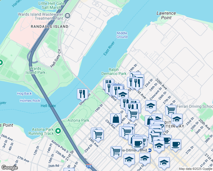 map of restaurants, bars, coffee shops, grocery stores, and more near 18-37 Ditmars Boulevard in Queens