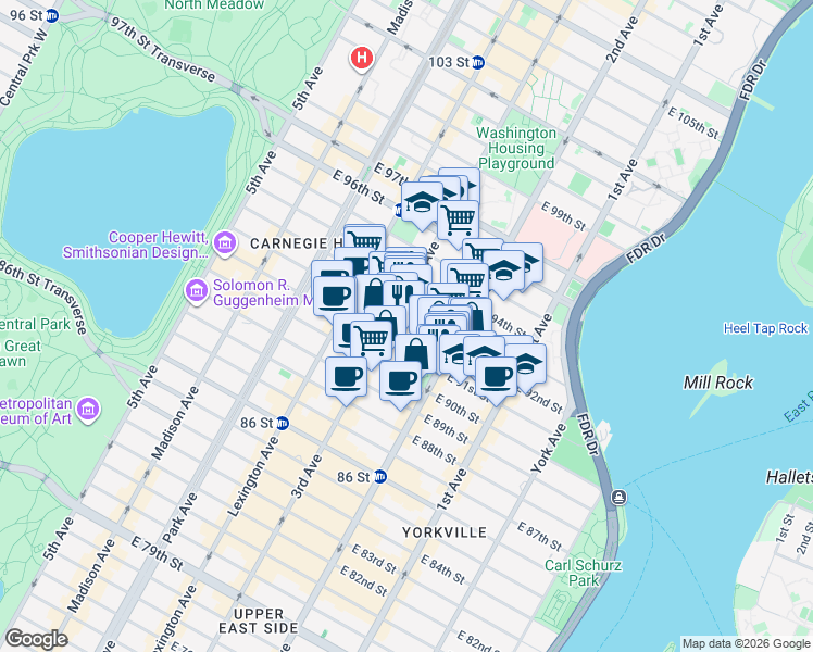 map of restaurants, bars, coffee shops, grocery stores, and more near in New York