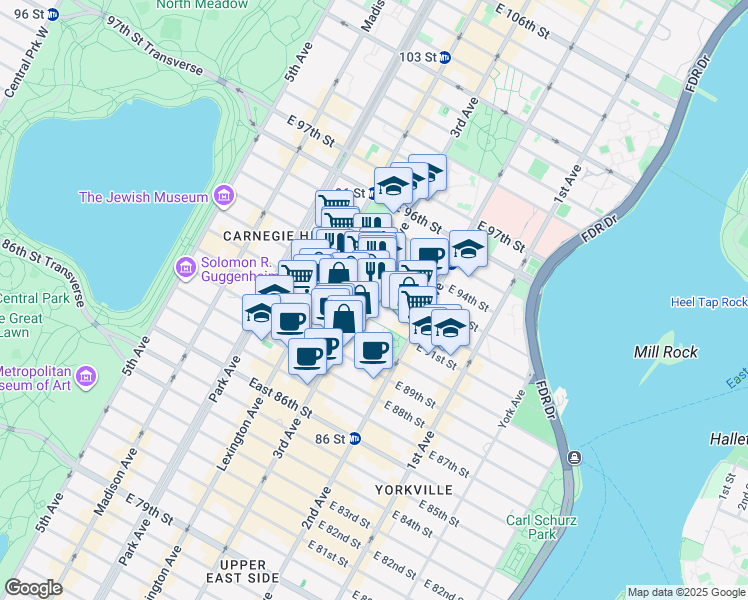 map of restaurants, bars, coffee shops, grocery stores, and more near in New York