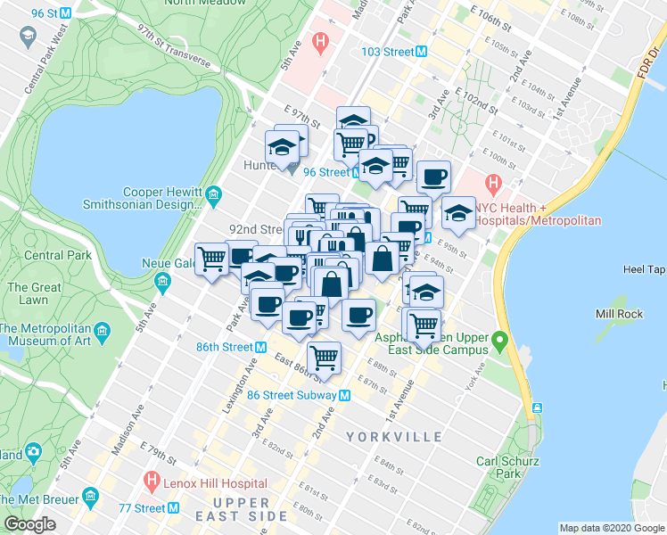 map of restaurants, bars, coffee shops, grocery stores, and more near in New York