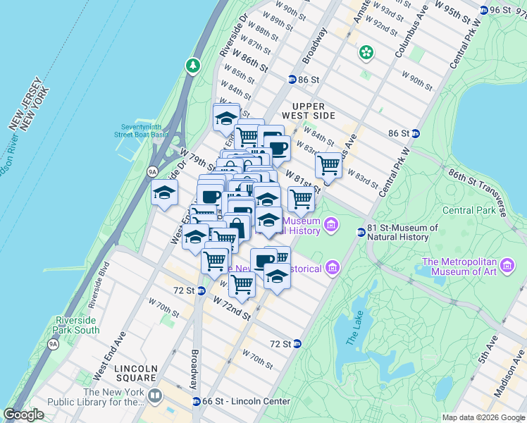 map of restaurants, bars, coffee shops, grocery stores, and more near 371 Amsterdam Avenue in New York