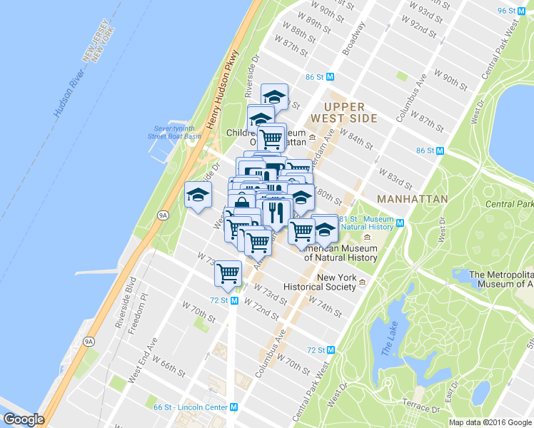 map of restaurants, bars, coffee shops, grocery stores, and more near 342 Amsterdam Avenue in New York