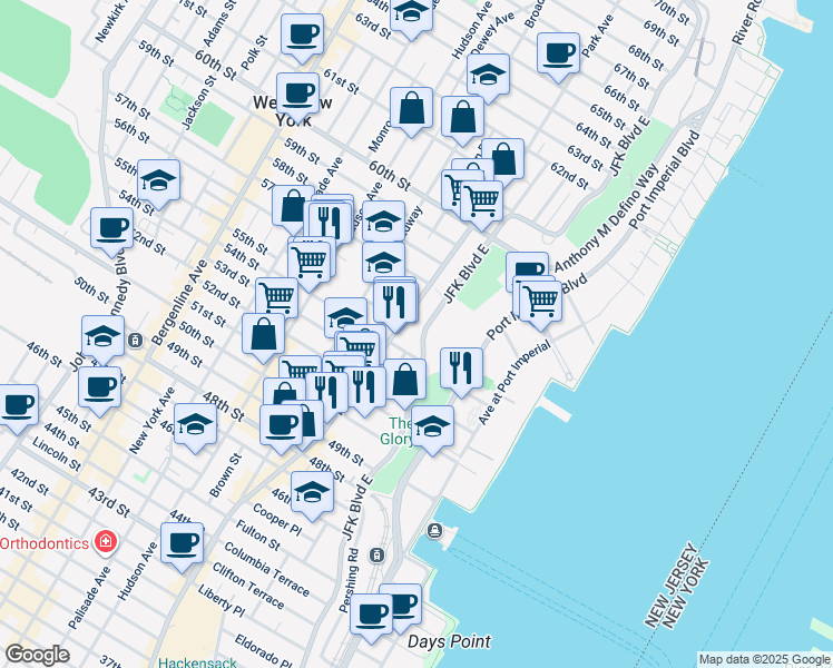 map of restaurants, bars, coffee shops, grocery stores, and more near 5404 Park Avenue in West New York