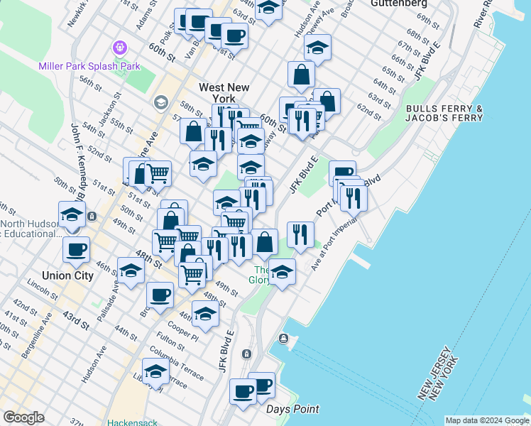 map of restaurants, bars, coffee shops, grocery stores, and more near 5404 Park Avenue in West New York