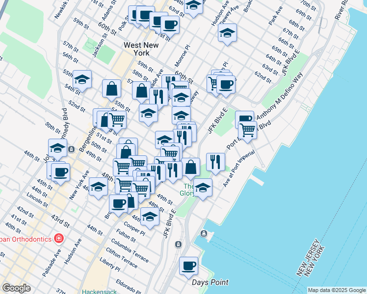 map of restaurants, bars, coffee shops, grocery stores, and more near 5300 Broadway in West New York