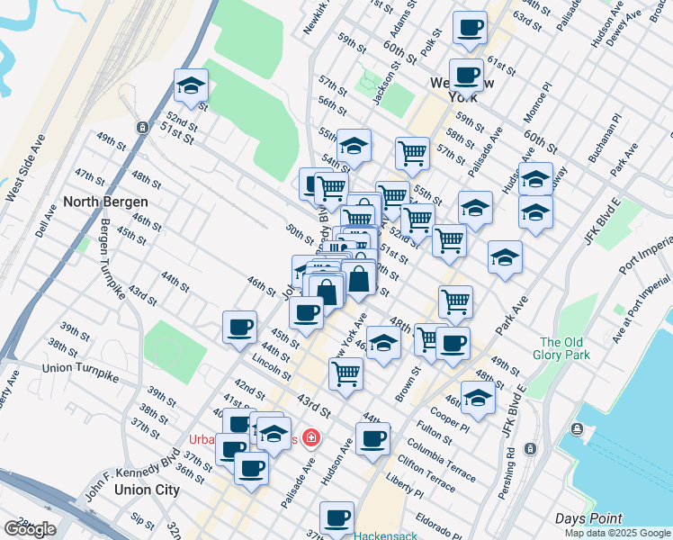 map of restaurants, bars, coffee shops, grocery stores, and more near 4811 Bergenline Avenue in Union City