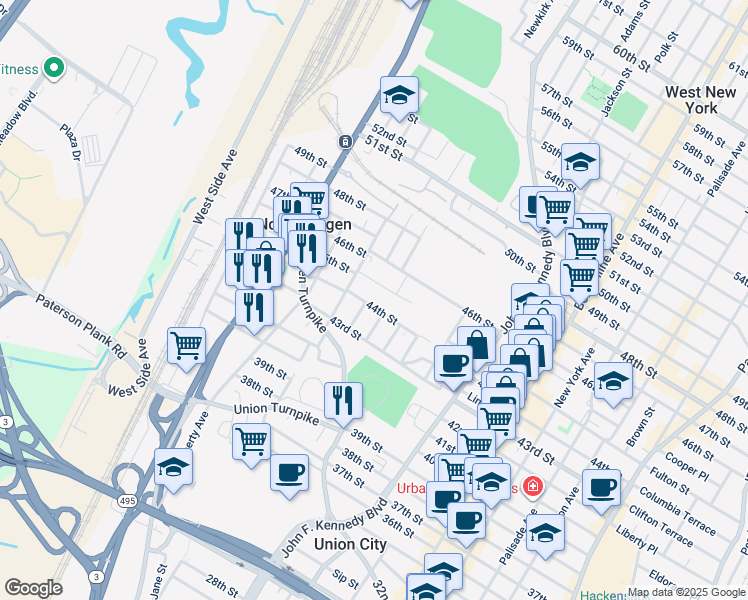 map of restaurants, bars, coffee shops, grocery stores, and more near 1410 44th Street in North Bergen