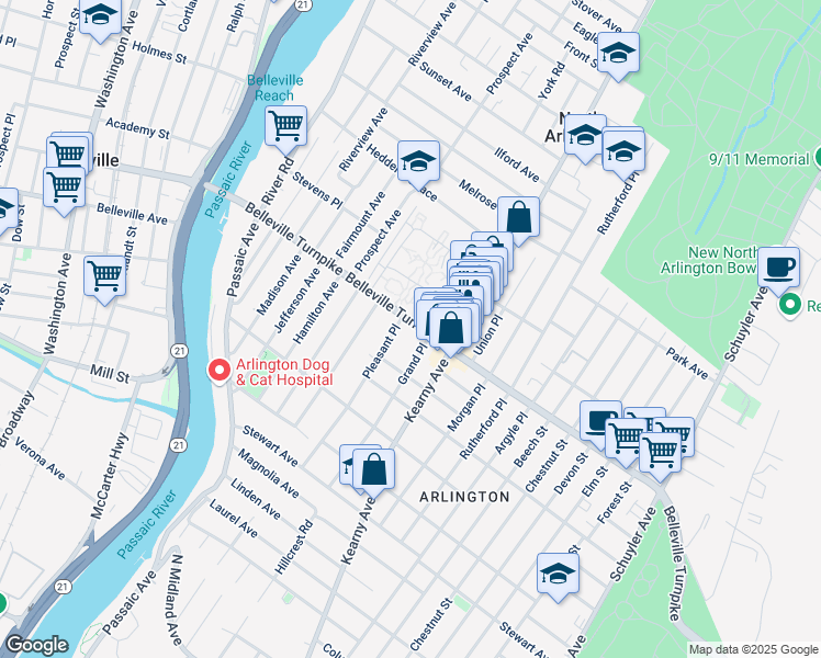 map of restaurants, bars, coffee shops, grocery stores, and more near 130 Pleasant Place in Kearny