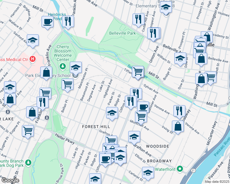 map of restaurants, bars, coffee shops, grocery stores, and more near 822 Parker Street in Newark