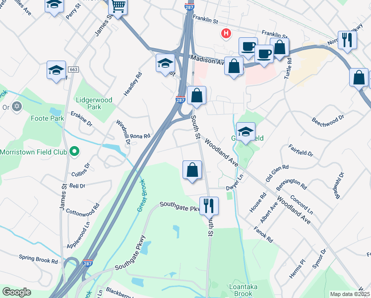 map of restaurants, bars, coffee shops, grocery stores, and more near 9 Prospect Place in Morristown