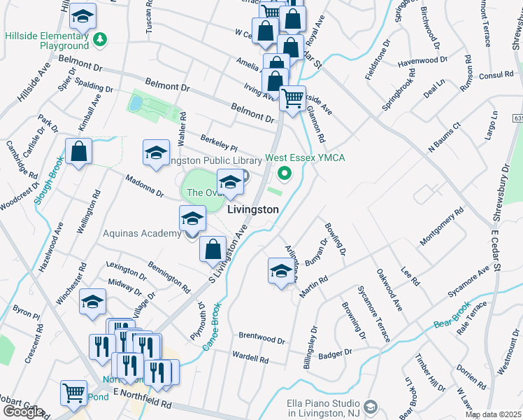 map of restaurants, bars, coffee shops, grocery stores, and more near 375 South Livingston Avenue in Livingston