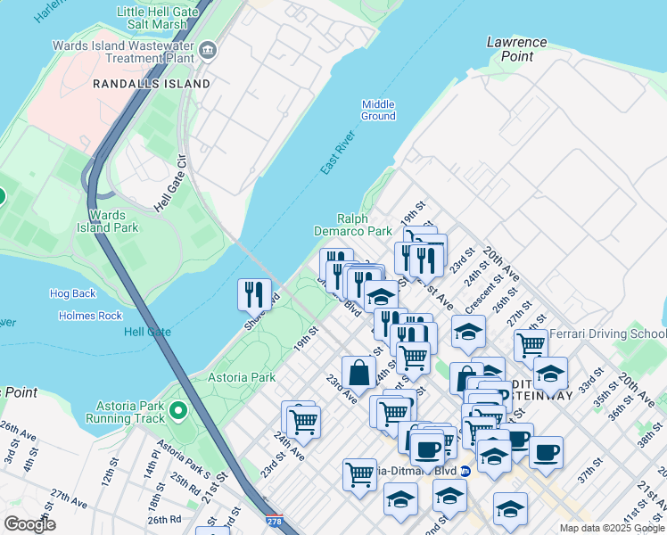 map of restaurants, bars, coffee shops, grocery stores, and more near 18-37 Ditmars Boulevard in Queens