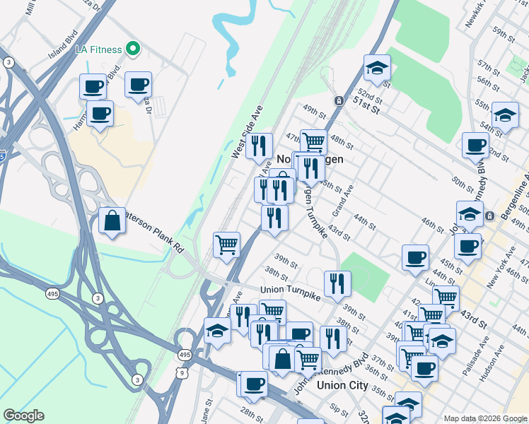 map of restaurants, bars, coffee shops, grocery stores, and more near 1728 41st Street in North Bergen