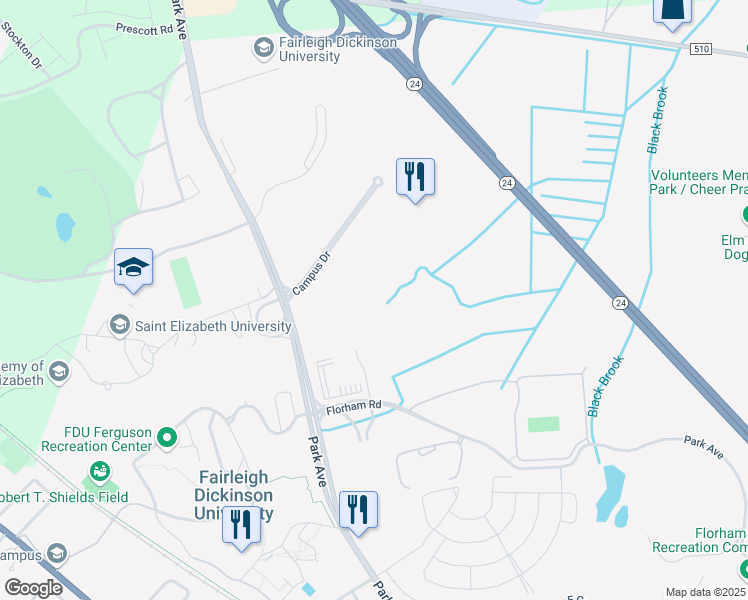 map of restaurants, bars, coffee shops, grocery stores, and more near 100 Campus Drive in Florham Park