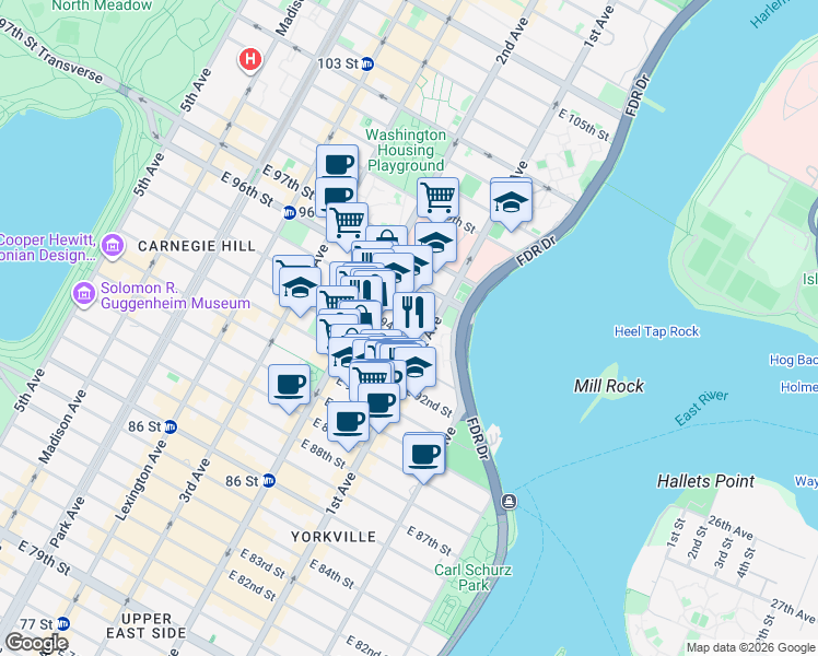 map of restaurants, bars, coffee shops, grocery stores, and more near 335 East 94th Street in New York