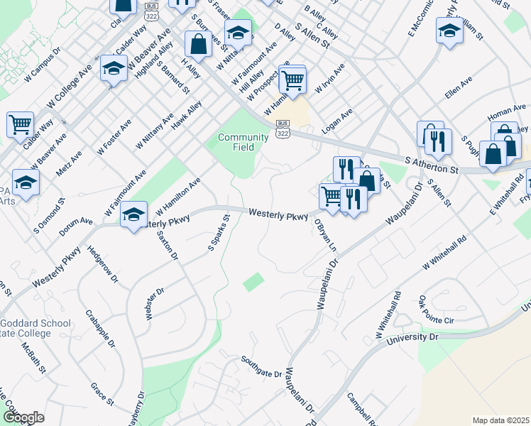 map of restaurants, bars, coffee shops, grocery stores, and more near 650 Westerly Parkway in State College