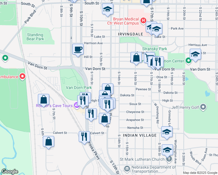 map of restaurants, bars, coffee shops, grocery stores, and more near 3001 South 13th Street in Lincoln