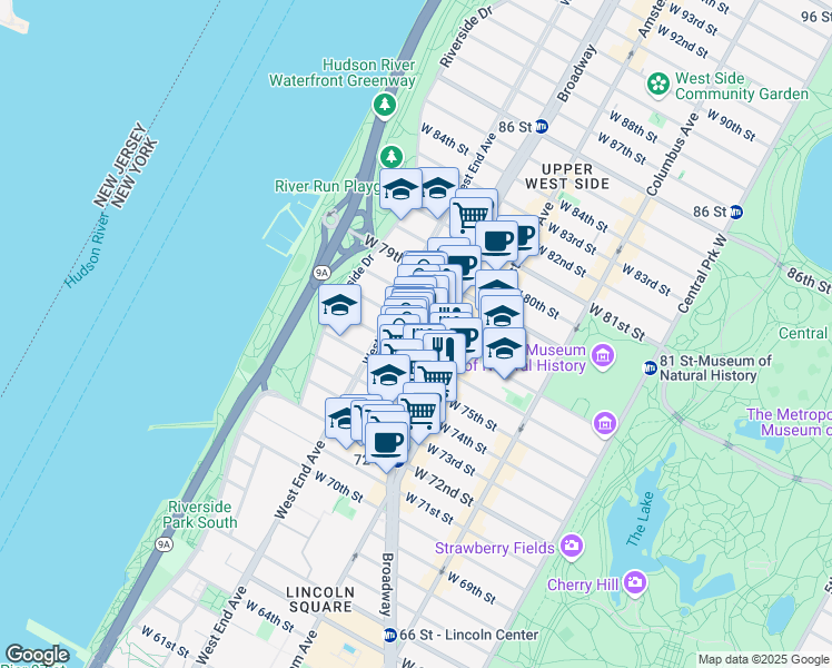 map of restaurants, bars, coffee shops, grocery stores, and more near 244 West 77th Street in New York